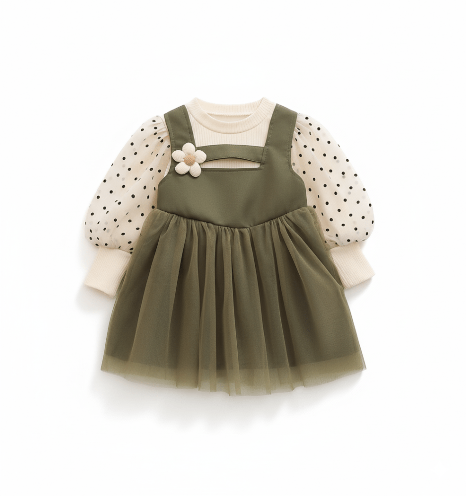 Little Bloom Baby Dress - Olive Green - Tiny Dost